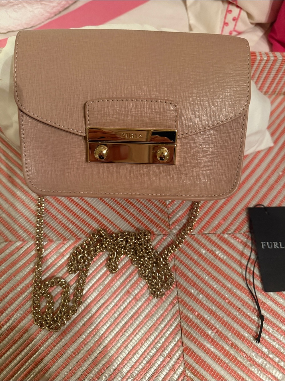 Furla metropolis mini Blush”moonstone” Leather Crossbody with Gold-Tone Chain